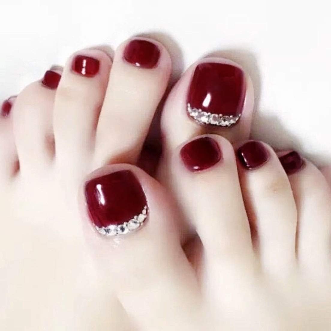 Skyvan Full Cover Bling Fake Toe Nails with Rhinstones Artificial Press On Toenails for Women Girls Nail Art Tips