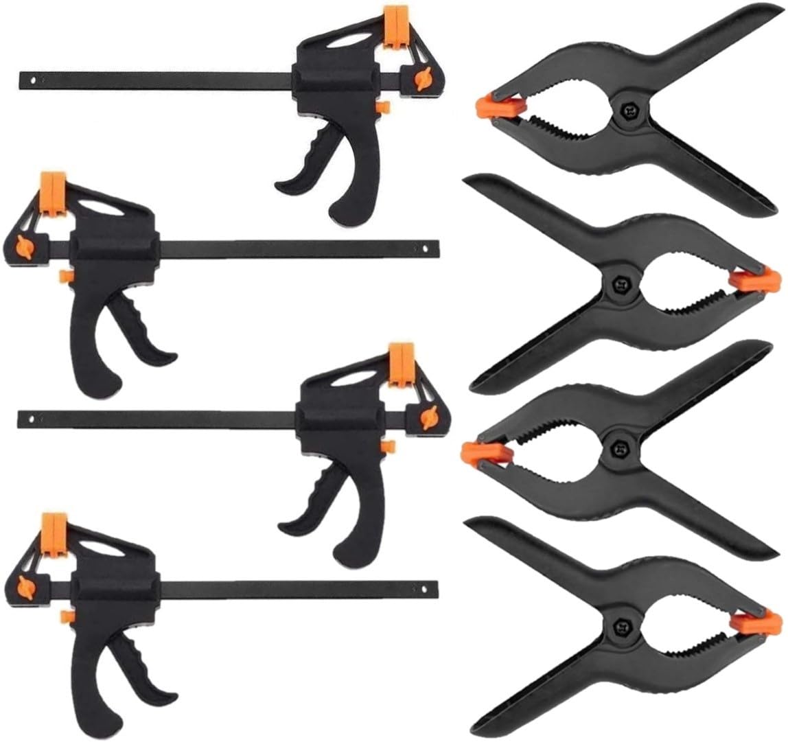 KAHEIGN 8Pcs Clamps Set, 4Pcs 4 Inch Quick Grip Clamp One Hand Quick-Release Bar Clamp + 4Pcs Heavy Duty Spring Clamps Extra Strength Plastic Work Clips for Woodworking Fast Easy Clamping