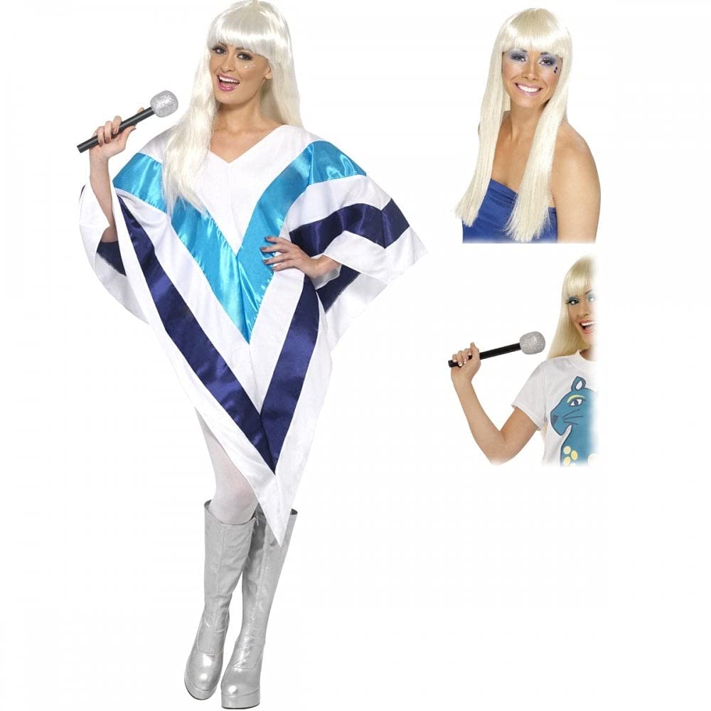 Super Trooper Cape/Poncho Adult Costume + Wig + Microphone Womens 70s One Size Fancy Dress Adult - One Size