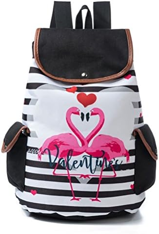 Pink Double Flamingo Print Backpack Female Drawstring Design School Bags For Girls Travel Canvas Striped Rucksacks 1170a
