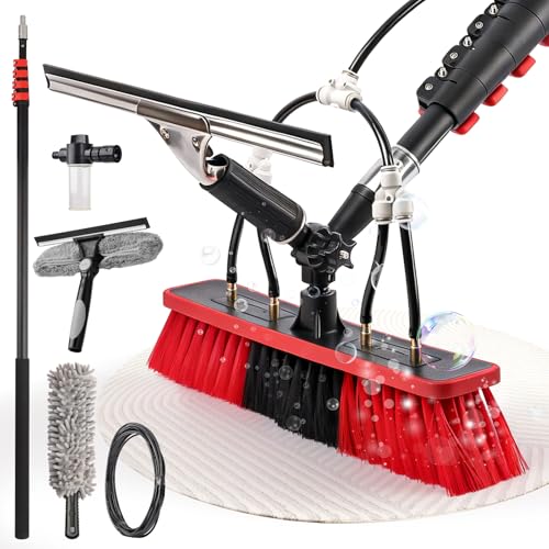 Spazzola di lavaggio telescopica 4 in 1, 7,2 m, per fotovoltaici, finestre, camper e tetti – asta telescopica e spazzola telescopica, set di pulizia con attacco dell'acqua, spazzola per la pulizia e