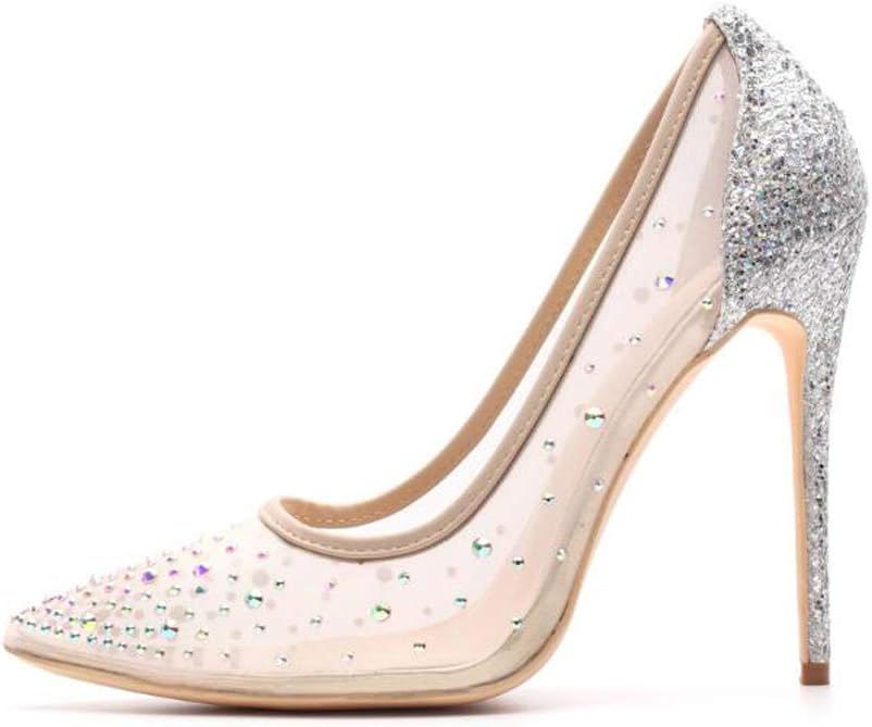 MiluoroRhinestone Pointed Toe Silver High Heels Women Pumps Transparent Party Wedding Shoes