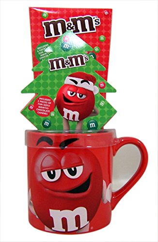 M&M's Ceramic Christmas Coffee Mug Gift Set with Chocolate Candies (Red)
