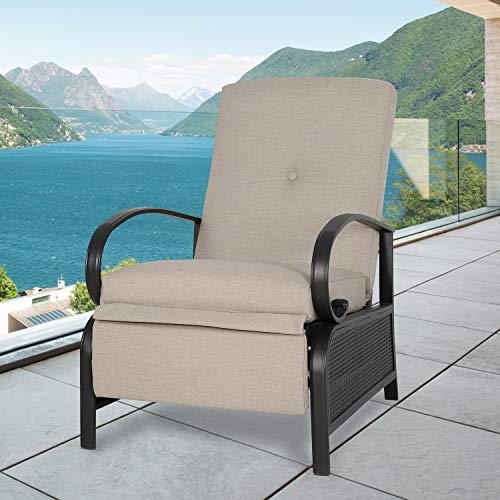 Ulax Furniture Patio Recliner Chair Automatic Adjustable Back Outdoor Lounge Chair with 100% Olefin Cushion (Sailcloth Beige)