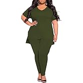 TOPSRANI Womens Plus Size 2 Piece Outfits Sweatsuits Casual Tracksuit V Neck Short Sleeve Solid Loungewear Pants Sets