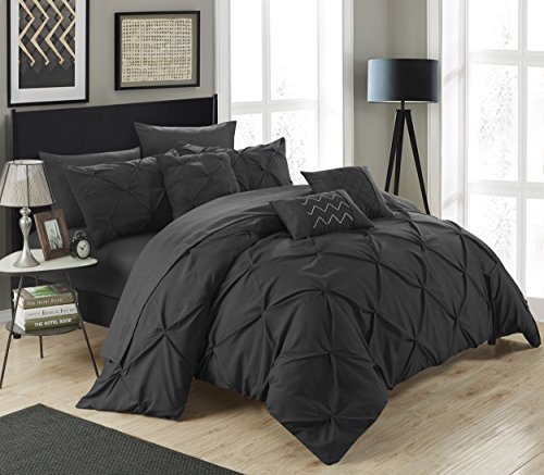 Chic Home 10 Piece Hannah Pinch Pleated, ruffled and pleated complete King Bed In a Bag Comforter Set Black With sheet set