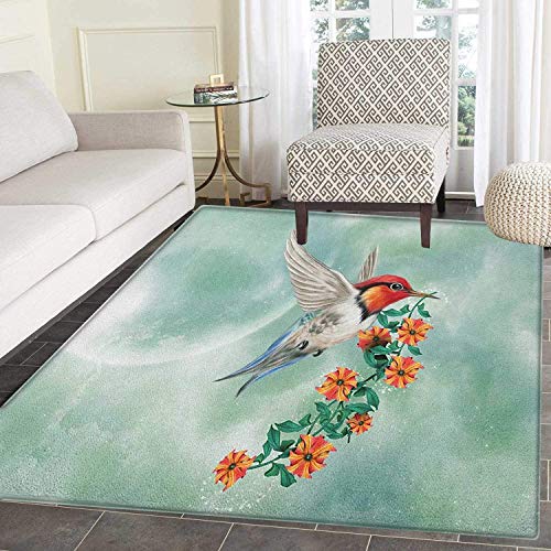 Hummingbird Area Rug Carpet A Hummingbird is Flying with A Flowered Branch Floral Nature Illustration Living Dining Room Bedroom Hallway Office Carpet 3'x4' Orange Green