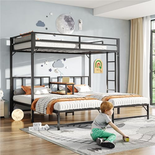 Simple Wisdom Literas de 3 Camas,Literas Individuales Tiene Tres Base Cama Individual,Litera Triple con Mesa,Equipado con Barandillas y Escaleras,La Base Metal es Resistente y Estable (Color Retro)