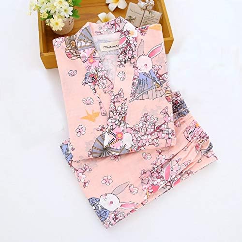 Amazon 可愛いウサギパジャマ バスローブ レディース 甚平 浴衣 上下セット 7分袖 和風 寝巻き ルームウェア 婦人 女性 外出できる 部屋着 寝間着 お風呂上がり ホテル スパ ガーゼ 綿 春 夏 秋 薄手 オレンジ パジャマ ルームウェアセット 通販