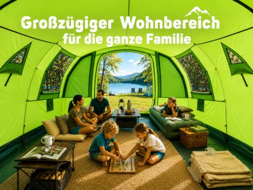 Zelt 6-7 Personen, 4000 mm Wassersäule & eingenähte Bodenwanne, Stehhöhe, Eingang mit Fliegengitter, Sonnendach & Privatsphäre-Trennvorhang, XXL Familienzelt Tunnelzelt für Camping Reisen Festival
