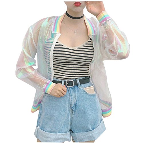 Aimeio Women Girl Jacket Laser Rainbow Hologram Iridescent Transparent Mesh Bomber Jacket Sun-Proof Coat (Rainbow)