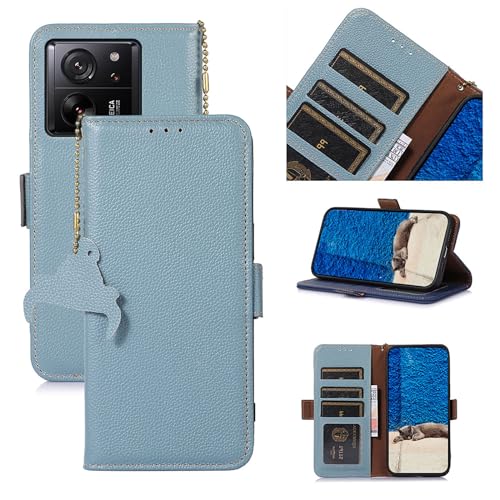 qichenlu Étui de protection à rabat en cuir véritable avec protection RFID pour Xiaomi 13T Pro/13T, fermeture magnétique avec support et compartiments pour cartes, cadre photo, en cuir de vachette