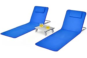Giantex Beach Chairs for Adults 2 Pack Set with Side Table, Folding Lounge Chairs, 5 Position Adjustable Lawn Chair for Sunbathing, Patio Chaise Lounge Lightweight Backpack Camping Chairs (Navy)