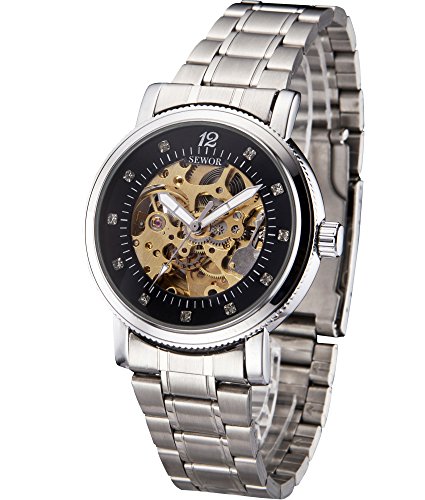 SEWOR Men's Mechanical Skeleton Business Steel Band Dress Diamonds Analog Watch (Sliver)