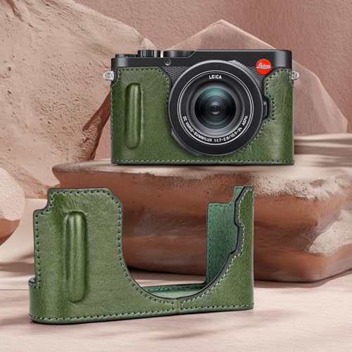 Muziri Kinokoo Protective Case for Leica D-Lux 8, Genuine Leather Case, Retro Style, Bottom Opening, Hand Grip Design - Green
