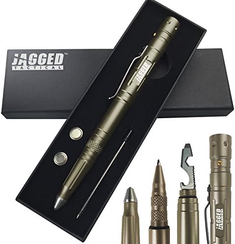 Multi Use Tactical Pen Survival Tool - Multi Tool + LED Tactical Flashlight + Ballpoint Pen + Glass Breaker. Complete with Extra Accessories and Gift Box (Desert)