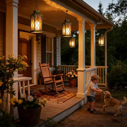 Joycome Outdoor Lanterns 2 Pieces Solar Garden Lantern with Flickering Candles, Solar Lamp Hanging Waterproof Table Lamps for Terrace Balcony Decorations – Copper
