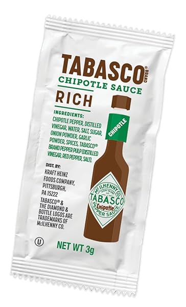 TABASCO® BRAND CHIPOTLE PEPPER SAUCE, MEDIUM HOT SAUCE, SINGLE-SERVE HOT SAUCE PACKETS, SMOKY & SMOOTH, EASY FOR ON-THE-GO, GREAT FOR TRAVEL, MEAT & MORE, 0.1 OZ (PACK OF 200)