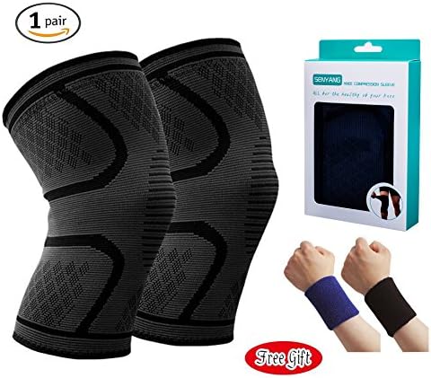 Knee Brace Compression Sleeve Support - SENYANG 1 Pair Unisex Design Knee Sleeve include Two Wristbands For Running ,Weightlifting, Cross Training , Basketball, Joint Pain Relief （ S）