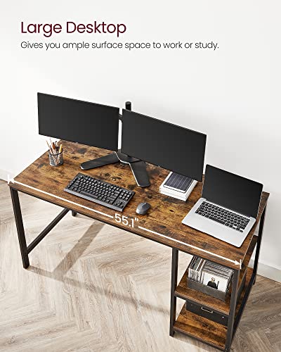 VASAGLE ALINRU Computer Desk, 55.1-Inch Wide Home Office Desk for Study, Writing Desk with 2 Shelves on Left or Right, Steel Frame, Industrial, Rustic Brown and Black ULWD55X