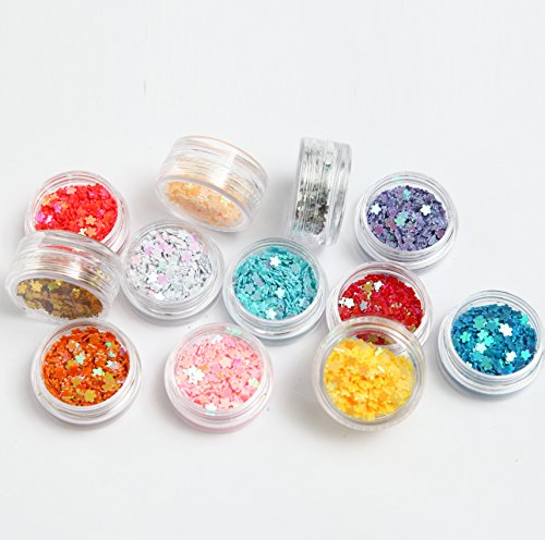 DIY 12 Colors 2 Sets 24 Jars of Flower & Star Iridescent Glitter Sequins Spangle for Nail Art Tip Deco Crafts Project - Thumbnail 3