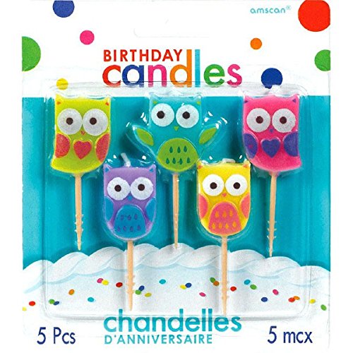 Party Time Molded Owls Birthday Toothpick Candles, Pack of 5, Multi , 1.25" Wax, Toothpick