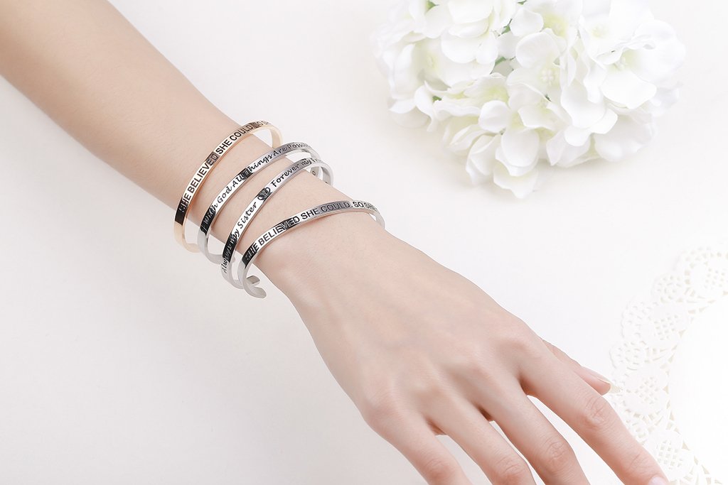 LAVUMO Cuff Message Women Bangle Bracelet Stainless Steel Rose Gold Engraved Inspirational Jewelry