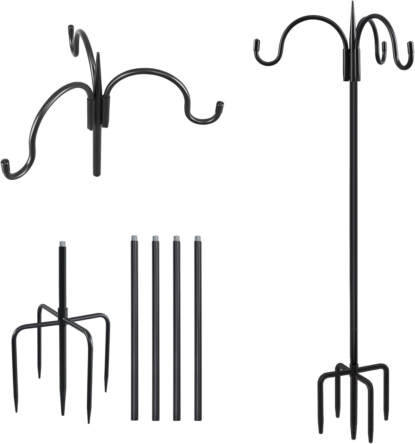 Outdoor Shepherd's Hooks - FEED GARDEN Three Shepherd Hooks for Outdoor, 91 Inch Heavy Duty Bird Feeder Pole with 5 Prong Base, Adjustable Shepard Hooks for Hanging Plant Baskets, Solar Lanterns, Wind Chimes, 2 Pack
