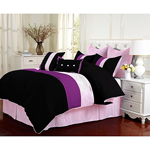 Best 8pc Girls Purple Pink Stripe Theme Comforter Queen Set