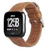 KADES for Fitbit Versa Bands, Classic Leather Band Replacement Strap Compatible for Fitbit Versa Lite Smart Watch Men Women (Brown Band+ Silver Buckle)