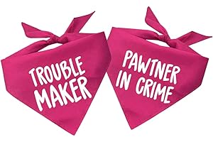 TEES & TAILS Pawtner in Crime & Trouble Maker Dog Bandana Set (2 Pack - Hot Pink, OS 577 578)