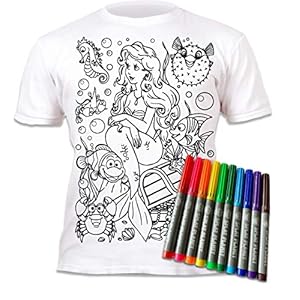 Splat Planet Kleur-in Meermin T-shirt met 10 niet-giftige wasbare magische pennen – Kleur-binnen en was uit T-shirt