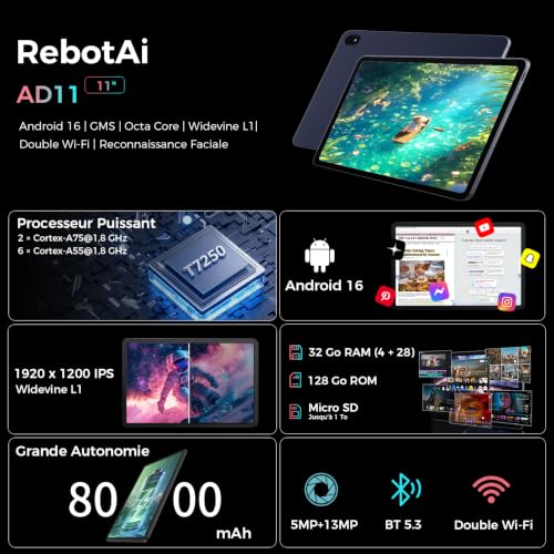 RebotAi 2026 11 Inch Android 16 Tablet with Gemini AI, 32GB RAM + 128GB ROM + 1TB TF, 10000mAh Octa-Core Tablet 1920 x 1200 IPS, Widevine L1/Face Recognition Touch Tablet