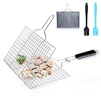 Grill Basket, Portable Folding Stainless Steel BBQ Grilling Basket for Fish, Vegetables, Steak, Shrimp, Meat, Outdoor Grill Barbecue Tool with Removable Wood Handle, 2 Bonus Brushes with Carrying Bag