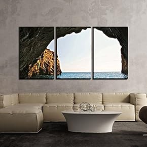 3 Piece Canvas Wall Art - a Boat is Out of Rock Cave in Fair Weather - Modern Home Art Stretched and Framed Ready to Hang - 16"x24"x3 Panels