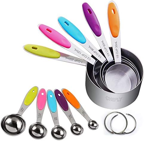 CHEFLY Stainless Steel Measuring Cups and Spoons Set 10 Pieces for Splendid Cooking and Baking with Engraved Lables Colorful Handles Hanging Rings Nesting Design M1901