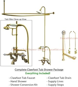 Polished Brass Faucet Clawfoot Tub Shower Kit With Enclosure