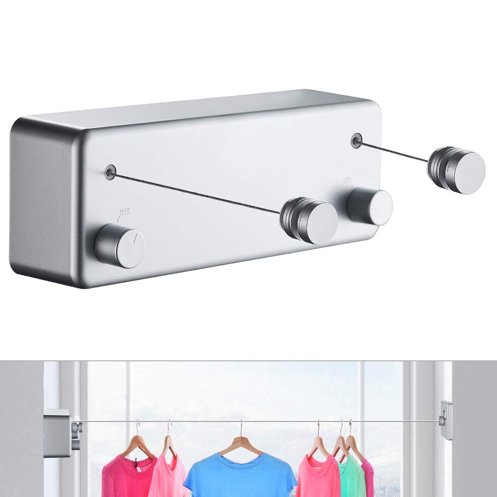 JOOM Retractable Clothesline Indoor Outdoor Clothing Rope Heavy Duty Stainless Steel Line Laundry line for Bathroom Hotel Style 13.8 Feet with ABS Case+ Aluminum (Two line(Drill), Blue Grey)