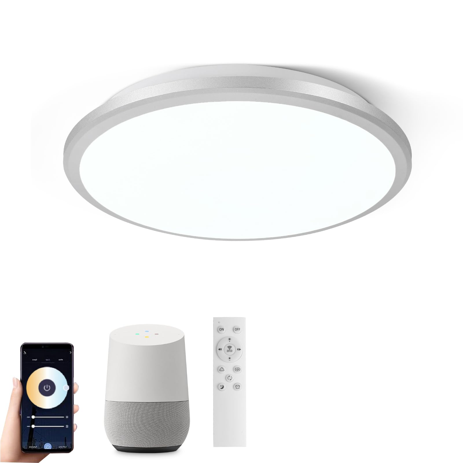 Photo 1 of HOREVO Smart Ceiling Light 24W LED Fixture, Flush Mount Ceiling Light Compatible with Alexa Google Home, Voice/Remote/App Control for Bedroom, Kitchen Island, Living Room