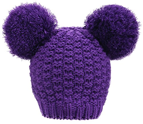 Women's Winter Chunky Knit Double Pompom Ears Beanie Hat, Purple