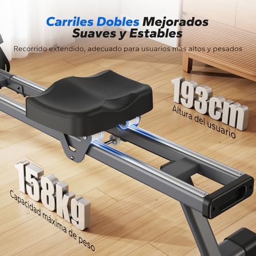 MERACH Máquina de Remo, remadora con Resistencia magnética, 16 Niveles de Ajuste de Resistencia, Remo con Resistencia silenciosa, Doble guía, Capacidad máxima de 158KG, Enlace de aplicación