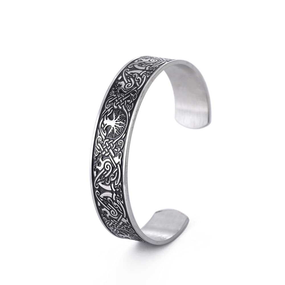 kkjoy Stainless Steel Vintage Viking Bracelet Tree of Life Raven Irish Knotwork 24 Runes Cuff Bangle Wristband Jewelry for Men Women