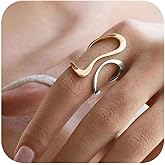REELMAR Two Tone Chunky Adjustable Ring for Women Vintage Asymmetrical Wavy Wrap Around Open Ring Trendy Stainless Steel Statement Jewelry