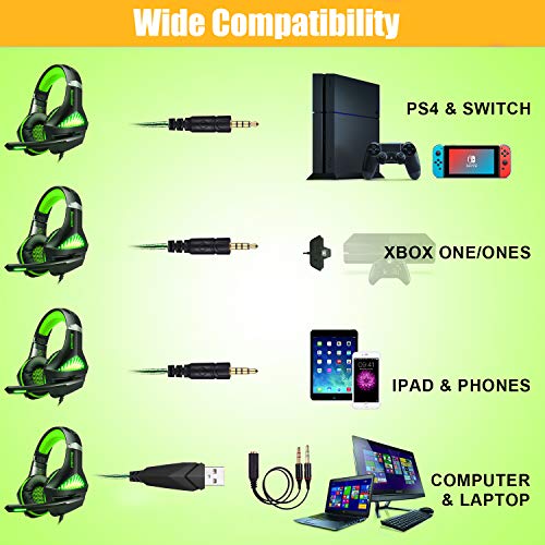 TURN RAISE Upgraded 3.5mm Stereo Gaming Headset for Xbox One, PS4, PC - Surround Sound Over-Ear Headphones with Noise Cancelling Mic for Playstation 4, Laptop, LED Lights &Volume Control (Green)