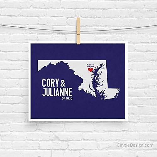 Maryland or ANY State Map Print with Couple's names wedding date and location