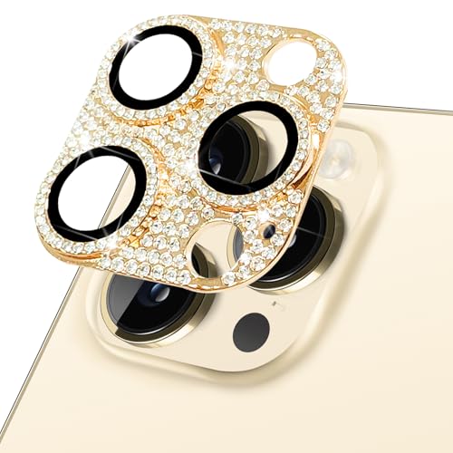 Hsefo Designed for iPhone 14 Pro and 14 Pro Max Camera Lens Protector, Bling Rhinestone Sparkle Diamond 9H Tempered Glass Lens Cover Shockproof Full Protective Camera Cover, Gold