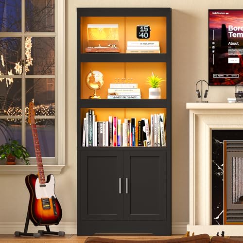 TEENFON Bookshelf with 16 Color Lighting Modes, Bookcase with 2 Doors and Adjustable Shelf, Floor Standing 5 Shelf Display Storage Shelves, Tall Bookcase for Home Office, Living Room, Black