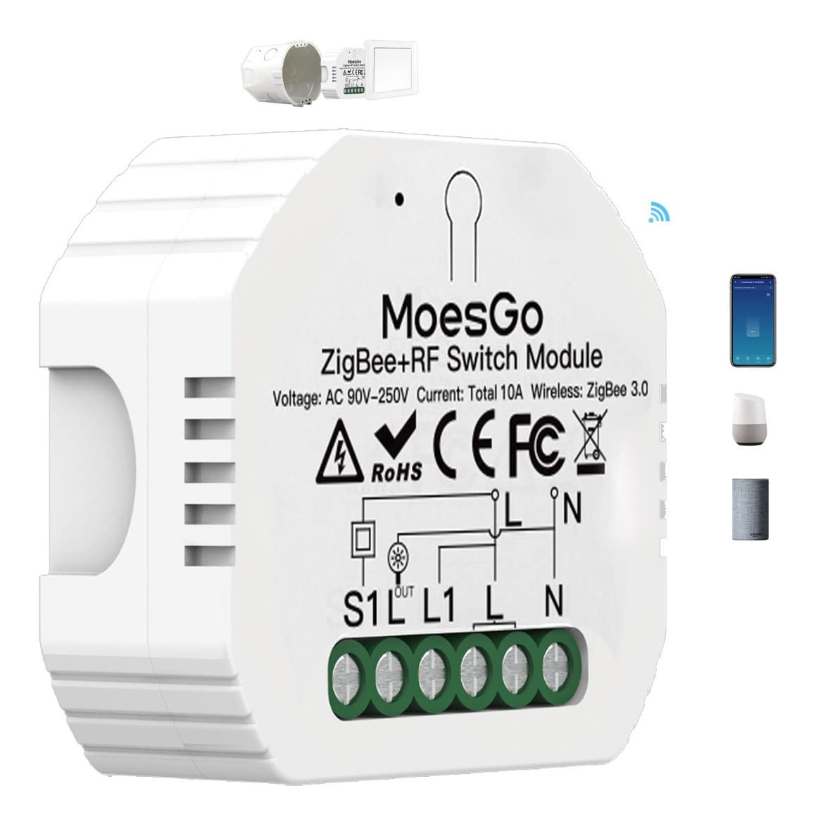 MoesGo Zigbee Light Switch Module, 1 Way or 2 Way, Timer Wireless RF433 Remote Compatible with Smart Life Tuya Alexa Google Home, Requires Zigbee Hub, 2MQTT Available, 1 Gang