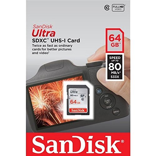 tarjeta de memoria sandisk sdxc sd ultra de 64 gb clase 10 funciona con la cámara digital sony cyber-shot dsc-w800, w830, w810  paquete con 1 lector de tarjetas de ranuras múltiples everything but stromboli