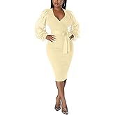 BOGURST Semi Formal Church Dresses for Women Bishop Sleeve Sexy V Neck Bodycon Midi Dresses